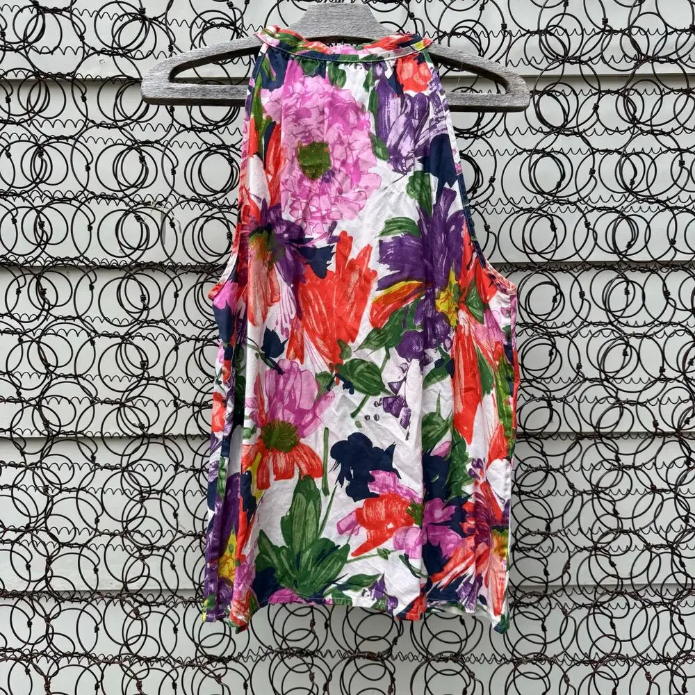 J Crew Silk Floral Garden Party Tie Neck Scarf Neck Sleeveless Blouse Size 10
